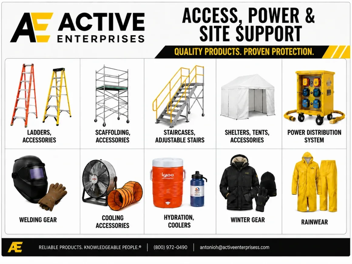 Access, Power & Site Support — Ladders, Scaffolding, Staircases, Shelters, Welding Gear, Hydration