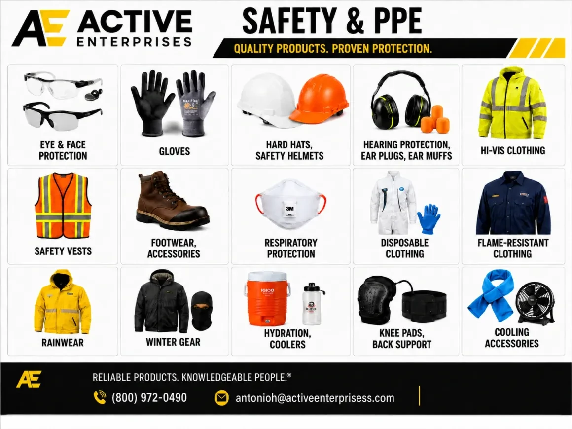 Safety & PPE — Eye Protection, Gloves, Hard Hats, Hi-Vis, Respiratory, Footwear, Rainwear